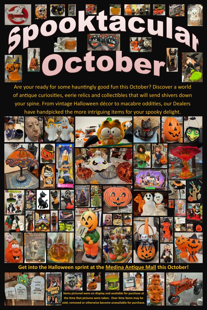 Are your ready for some hauntingly good fun this October? Discover a world of antique curiosities, eerie relics and collectibles that will send shivers down your spine at the Medina Antique Mall. From vintage Halloween décor to macabre oddities, our Dealers have handpicked the more intriguing items for your spooky delight.